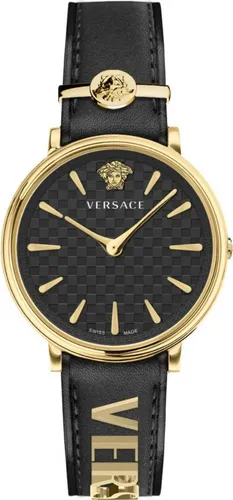 Versace VE8101019 Damen Armbanduhr - Elegante Quarz-Armbanduhr für Damen mit schwarzem Zifferblatt und echtem Lederarmband, wasserdicht bis 50 m – ideal für stilbewusste Frauen.