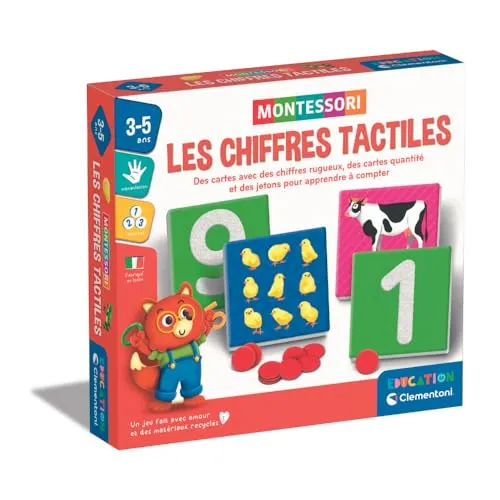 Clementoni | Montessori – Die Touchzahlen für Kinder 3 – 5 Jahre | sensorisches Lernspiel mit Rauen Karten und Chips | Lernen Menge, Parität, Zahlen | Hergestellt in Italien