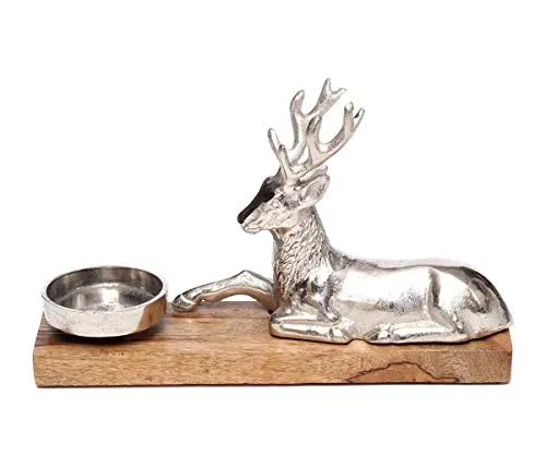 Brillibrum Design Teelichthalter groß mit Hirschfigur - Teelichthalter aus Mangoholz und Metall, kunstvoll gestaltet mit liegender Hirschfigur, schafft eine warme Atmosphäre – inklusive Teelicht.