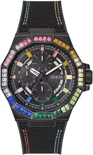 Guess Energy Uhr - Multifunktionale Herrenarmbanduhr in Schwarz - Chronographen mit Recyclingstahl-Gehäuse, 5 ATM wasserdicht und stylischem Kettenarmband aus Silikon. Ideal für modebewusste Männer.