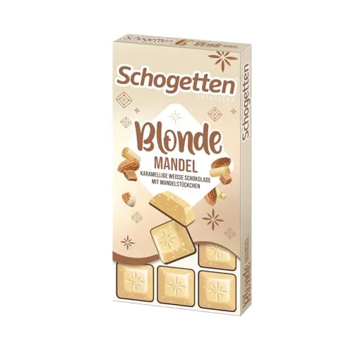Schogetten Blonde Mandel I karamellige weiße Schokolade mit Mandelstücken I 100 g Schokoladentafel I praktisch einzeln portioniert