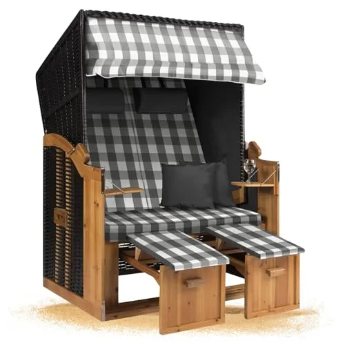 Strandkorb Hanse Strandkorb Ostsee XXL Volllieger Anthrazit - 2-Sitzer 120cm breit, ideal für Garten, Terrasse und Balkon (Grau Weiß Kariert, Montiert)