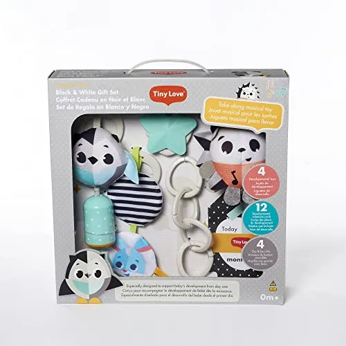 Tiny Love Magical Tales Black & White Geschenkset - Motorikspielzeug für Babys, fördert spielerisch die Entwicklung mit 4 ausgewählten Spielzeugen für unterwegs, ideal für die ersten Lebensmonate.