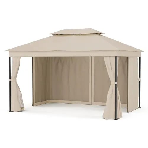 blumfeldt Pavillon Mondo 3x4m - Rechteckiger Pavillon mit Doppeldach, pulverbeschichtet und wetterfest, ideal für Garten und Camping, in eleganten Beige-Tönen.