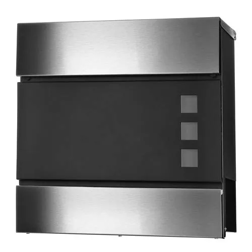Melko Wandbriefkasten Briefkasten Design mit Zeitungsfach aus poliertem Edelstahl, 37 x 11 x 36,5 cm, Schwarz/Edelstahl
