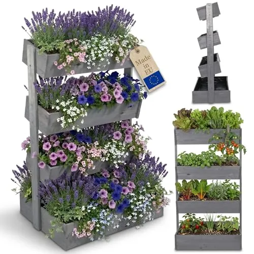 MODO24 Vertikales Blumenregal aus Holz, 4 Ebenen, Wetterfest für Indoor & Outdoor - Praktisches vertikales Pflanzenregal aus FSC-zertifiziertem Holz mit 4 verstellbaren Ebenen. Optimal für kleine Räume, dekorativ und langlebig. Ideal für Blumentöpfe und Kräuter in Küche oder Garten.