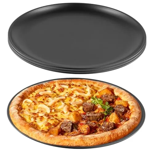 KOHAND Pizza-Pfannen-Set, 25,4 cm, Edelstahl, antihaftbeschichtet, rund, Backblech, Pizzableche zum Backen, Braten, Servieren, Schwarz, 4 Stück