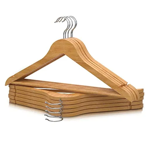 PORTENTUM Kleiderbügel aus Holz, 10 Stück, Naturfarben. Für alle Kleidung, 360º Drehbarer Haken, Hosenbügel, Rutschfester Kleiderbügel für Anzüge, Jacken und Hemden, Kerben für Kleider und Blusen