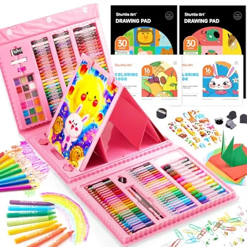 Shuttle Art Malkoffer Kinder, 335 teiliger rosa Malset für Kinder und Anfänger, Malkasten zum Malen und Zeichnen, Malset mit Wasserfarben, Wachmalstifte, Buntstifte, Malstifte, Künstlerkoffer
