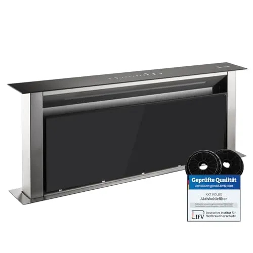 Dunstabzugshaube DRAFT865 - 90 cm Edelstahl mit schwarzem Glas, energieeffizient A++, leise und mit Nachlaufautomatik für stressfreies Kochen