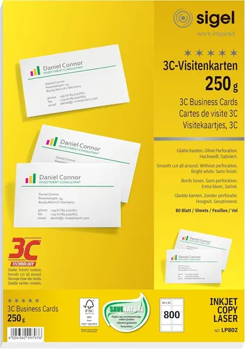sigel Visitenkarten 3C hochweiß 800 Stück - Hochwertige Visitenkarten in 85 x 55 mm, 250 g/m², ideal für professionelle Präsentationen und Networking.
