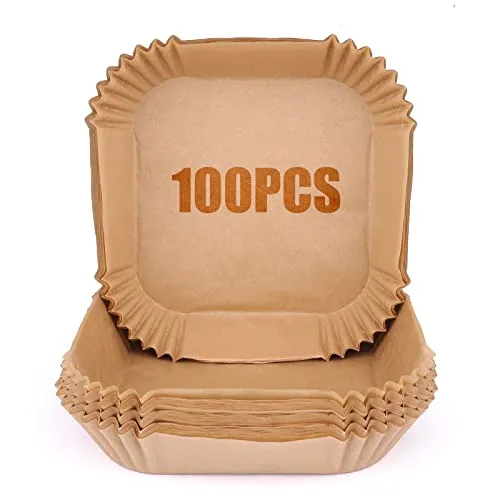 Backpapier für Heißluftfritteuse 1,2L-4,5L, 100 Stück quadratische 16-20cm einstellbar Airfryer Backpapier, kompatibel mit Philips Russell Hobbs Cecotec Cosori Tefal Airfryer