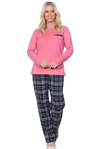 Normann Damen Schlafanzug lang Pyjama mit Flanell Pyjamahose in Karo Optik, Farbe:pink, Größe:44-46