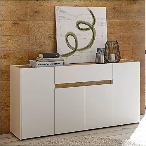 Lomadox Sideboard CRISP-61 - Elegantes Esszimmer Sideboard in Weiß mit Wotan Eiche Nb. für einen modernen Look. Hochwertige Melaminharzbeschichtung sorgt für hohe Kratz- und Stoßfestigkeit.