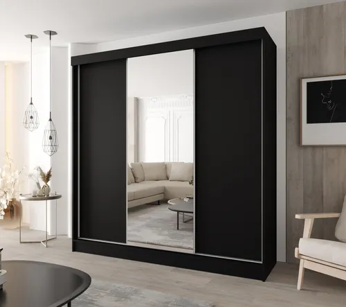 Moderner 3-türiger Schwebetürenschrank 210 × 205 cm – Schwarz mit Spiegel und 4 Schubladen