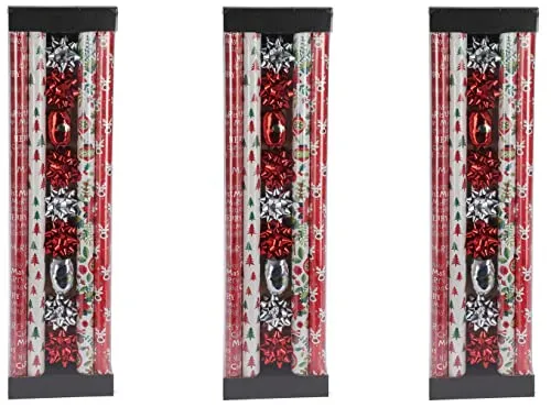made2trade 3X 13-teiliges Geschenkpapier-Set - Rot-Weiß - Komplettes Set zum stilvollen Verpacken von Weihnachtsgeschenken: 4 Rollen Geschenkpapier, 7 Schleifen und 2 Bänder. Stabile Verpackung sorgt für knickfreies Geschenkpapier und angenehmes Verpacken.