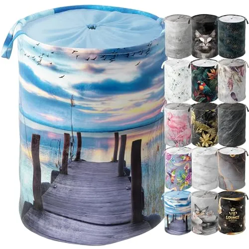 Sanilo Wäschekorb faltbar, stabiler runder Wäschesammler 60 Liter, Wäschesack mit Griffen und Abdeckung (Sunset)