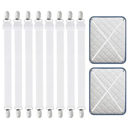 Carehabi Bettlakenklammern, 30–120 cm verstellbare Bettlakenspanner 8 Stück, Weiße Elastische Betttuchspanner für Bettwäsche,Bettlaken, Matratze, Bügelbrett oder Sofa