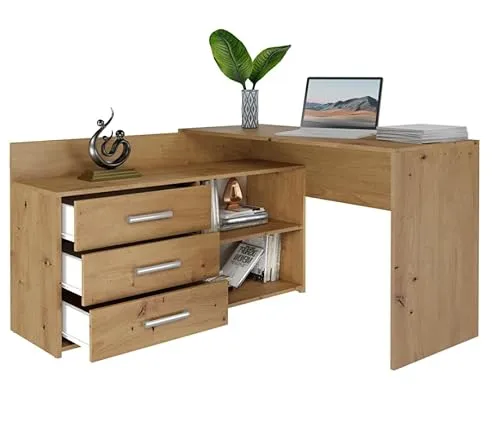 BDW Eckschreibtisch Rechts, 3 Schubladen, viel Platz für Jugendzimmer und Büros - Schreibtisch mit solider Konstruktion, ideal für effektives Arbeiten und Aufbewahrung dank 3 geräumiger Schubladen und 2 Regalen, perfekt für kreative Räume.