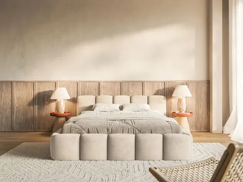 Selsey Polsterbett Cloudy Low, Ecru, 140x200 cm - Elegantes 2-Sitzer Polsterbett mit niedrigem Kopfteil, ideal für stilvolle Schlafzimmer. Der hochwertige Veloursstoff ist wasserabweisend und pflegeleicht, perfekt für einen langlebigen Look.