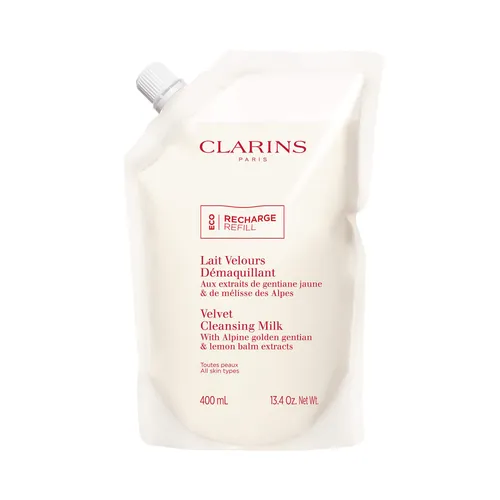 CLARINS Lait Velours Démaquillant Refill 400 ml - Gesichtsreinigung mit beruhigender Milchtextur, entfernt sanft Makeup und Unreinheiten. Nachhaltig nachfüllbar und angereichert mit biologischen Extrakten für geschmeidige Haut.