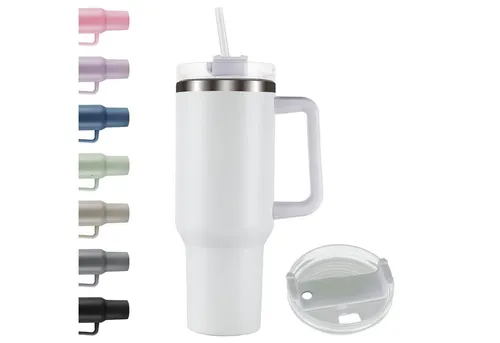 Roomando Thermobecher Becher mit Henkel Strohhalm Edelstahl Autobecher Kaffeebecher weiß