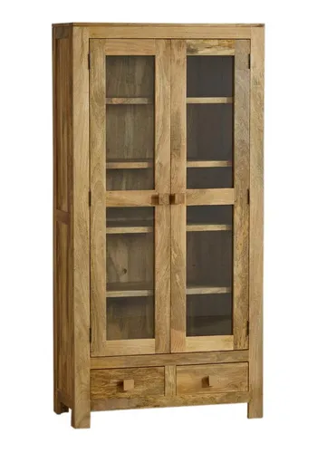 Indischesmoebelhausde Vitrine Hina aus Mangoholz 100x180x45 - Elegante Vitrine Hina aus massivem Mangoholz mit zwei gläsernen Türen und praktischen Schubladen. Bietet großzügigen Stauraum und setzt Ihre Sammlerstücke stilvoll in Szene.