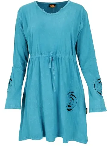 GURU SHOP Hippie Minikleid Boho Chic Spirale - Damen Tunika in Blau, Größe M - Freizeitkleid für Damen mit regulierbarem Tunnelzug für eine figurbetonte oder lockere Passform, aus hochwertiger Baumwolle und ideal für entspannte Anlässe.