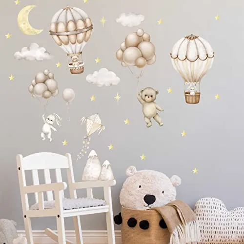 WANDKIND Heissluftballons Tiere V396 Wandtattoo Kinderzimmer | handgezeichnet | AUFKLEBER Kindergarten | Wandsticker Babyzimmer Bär Hase (75 x 75 cm)
