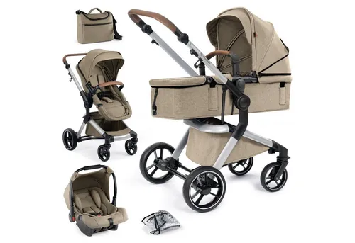 bergsteiger Kombi-Kinderwagen Lugo 3in1/4in1, brown | silver - Kombikinderwagen für ab Geburt, mit pannensicheren Rädern und abwaschbarem Material für einfache Pflege, inklusive Babyschale und Winterfußsäcken.