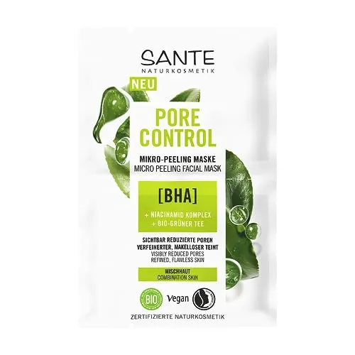 SANTE Naturkosmetik Pore Control BHA Mikro-Peeling Maske, mit mattierendem Bio-Grüner Tee, BHA & Niacinamid Komplex, vegane Gesichtsmaske für Mischhaut, porenverfeinernde Gesichtsreinigung, 8ml