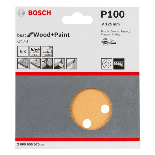 Bosch Schleifblatt C470 für Exzenterschleifer 125 mm 100 8 Löcher Klett 5er-Pack
