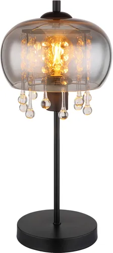 Tischlampe CORRY - Elegante Schreibtischlampe in Schwarz-Matt - Tischleuchte der CORRY-Serie, Metall schwarz matt mit rauchfarbenem Glasschirm und Glaskristallen. Ideal für individuelle Lichtgestaltung mit E27 Fassung, perfekt für Wohnzimmer oder Büro.