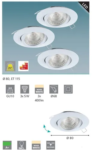 Eglo LED Einbau Strahler TEDO1 3er Set - Moderne Einbauleuchten aus Aluminium, verstellbar mit Bewegungsmelder, ideal für Wohnräume und Arbeitszimmer, warmweißes Licht für eine gemütliche Atmosphäre.