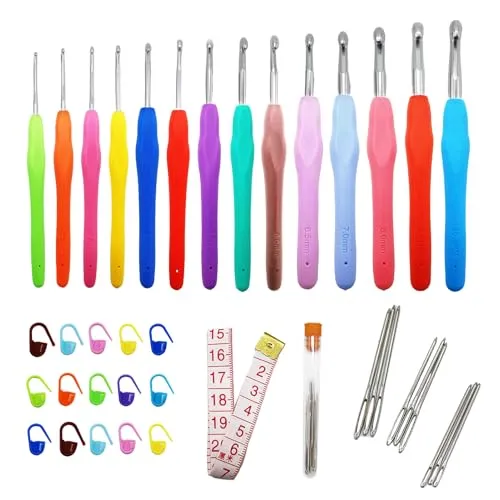 Häkelnadel Set 14 Stück, 14 Größe Häkelset für Anfänger mit Häkel Zubehör, Ergonomische Häkelnadeln Soft Gummi Häckelnadel Crochet Set Häkelnadeln Set (2.0 mm-10.0 mm)