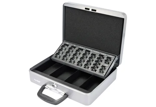 HMF Geldkassette 10016-09 Geldkassette abschließbar mit Münzzählbrett, Kasse mit Koffergriff, 30,5 x 24 x 8,5 cm, Silber