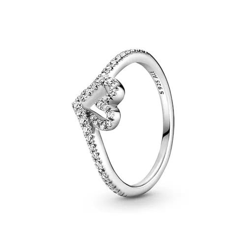 PANDORA Wish Funkelnder Wishbone Herz Ring aus Sterling Silber - Ringgröße 58 - Eleganter Damenring aus handverarbeitetem Sterling-Silber, inspiriert von klassischen Pandora Designelementen, mit funkelnden Cubic Zirkonia für einen besonderen Glanz.