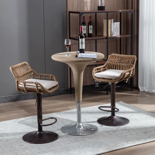 MODFU Barstühle Barhocker Relaxsessel, 2er Set mit Fußstütze, verstellbar, Beige - Elegante Barhocker im Rattan-Design, höhenverstellbar und drehbar, ideal für Küche und Terrasse – robust, wetterfest und mit hoher Tragfähigkeit von 150 kg.