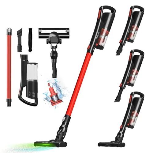 TurboTronic 120W Akku Staubsauger mit Laser-LED 11000 Reale PA Saugkraft, 3 Stufen, 40 min Handstaubsauger Stiel Bodenstaubsauger beutellos, Parkett Tierhaare rot