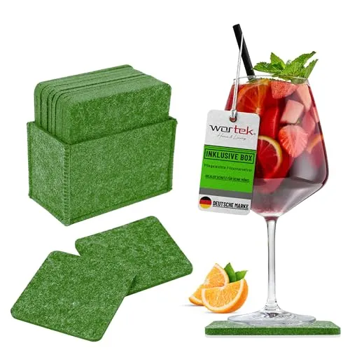 wortek Filzuntersetzer eckig für Gläser – 10er Set mit Aufbewahrungsbox, Glasuntersetzer für Getränke, Tassen, Bar, Glas - Ø 10cm Tischuntersetzer Untersetzer Gläser Grün