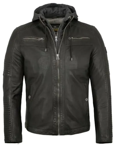 Redpoint - Herren Echtleder Lederjacke Bikerjacke Kapuze Lammnappa schwarz antik Größe 60