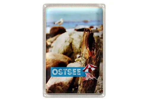Roomando Metallschild Reise 12x18cm Ostsee Strand Steine Natur Meer Urlaub