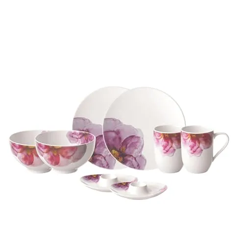 Villeroy & Boch Frühstücks-Geschirrset Rose Garden (8-tlg) - Elegantes Frühstücksset für 2 Personen aus hochwertigem Fine China-Porzellan, mikrowellen- und spülmaschinenfest. Ideal für stilvolle Morgenstunden.