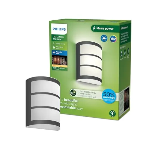 Philips LED Python 8720169269170 Außenwandleuchte - Moderne LED-Außenwandleuchte in Anthrazit mit nur 3.8W Energieverbrauch, 800 Lumen Helligkeit und langer Lebensdauer von 50.000 Stunden für nachhaltige Beleuchtung im Außenbereich.