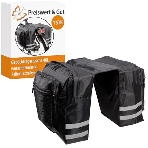 Preiswert & Gut Fahrrad Gepäckträgertasche Doppel 46L Fahrradtasche Set wasserabweisend Nylon PVC 6 Fächer Reflektorstreifen 2x15L Hauptfach 2x5L Seitentasche 2x3L Netzfach schwarz