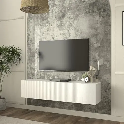 [en.casa] TV Lowboard hängend Verpsboga Fernsehschrank schwebend mit 2 Türen gerillte 3D-Optik Wohnzimmer Hängeschrank TV-Regal 135 x 32 x 30 cm Weiß