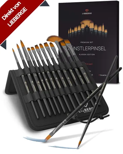 LIEBERGE Premium Pinselset Acrylfarben – 12 Pinsel ohne Haarverlust - Pinsel-Sets mit Strong Hair-Technologie für langlebige, formstabile Pinsel. Ideal für Acryl, Aquarell, Öl und Gouache, inklusive hochwertigem Präsenter für einfaches Verstauen.
