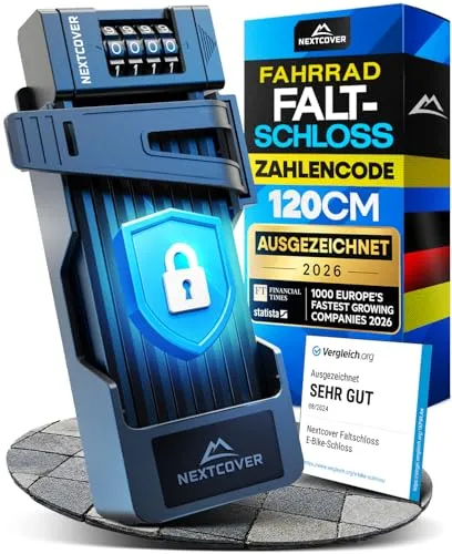NEXTCOVER® Faltschloss Fahrrad FoldOne mit Zahlencode – Hohe Sicherheit & Robustes Design - Maximaler Diebstahlschutz mit SteelSecure-Technologie und individuellem 4-stelligen Zahlencode. Robust und lackschonend, perfekt für City Bikes und E-Scooter. Immer griffbereit dank stabiler Halterung.