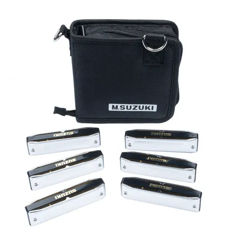 SUZUKI Bluesmaster Harp Set - Mundharmonikas Set mit 6 hochwertigen Harps in verschiedenen Stimmungen, wartungsfreundlich und mit langlebigen Messing-Stimmzungen für warmen Klang. Ideal für Bluesliebhaber!