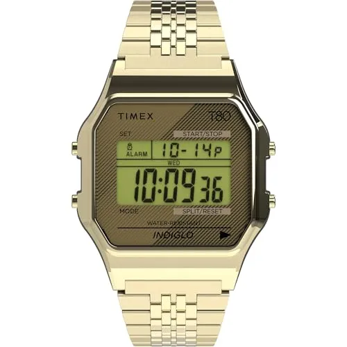 Timex T80 34mm Uhr - Gold-Ton mit Edelstahlarmband - Herrenuhren mit 24-Stunden-Chronograph, Indiglo-Beleuchtung und wasserdicht bis 30m – ideal für stilbewusste Männer.